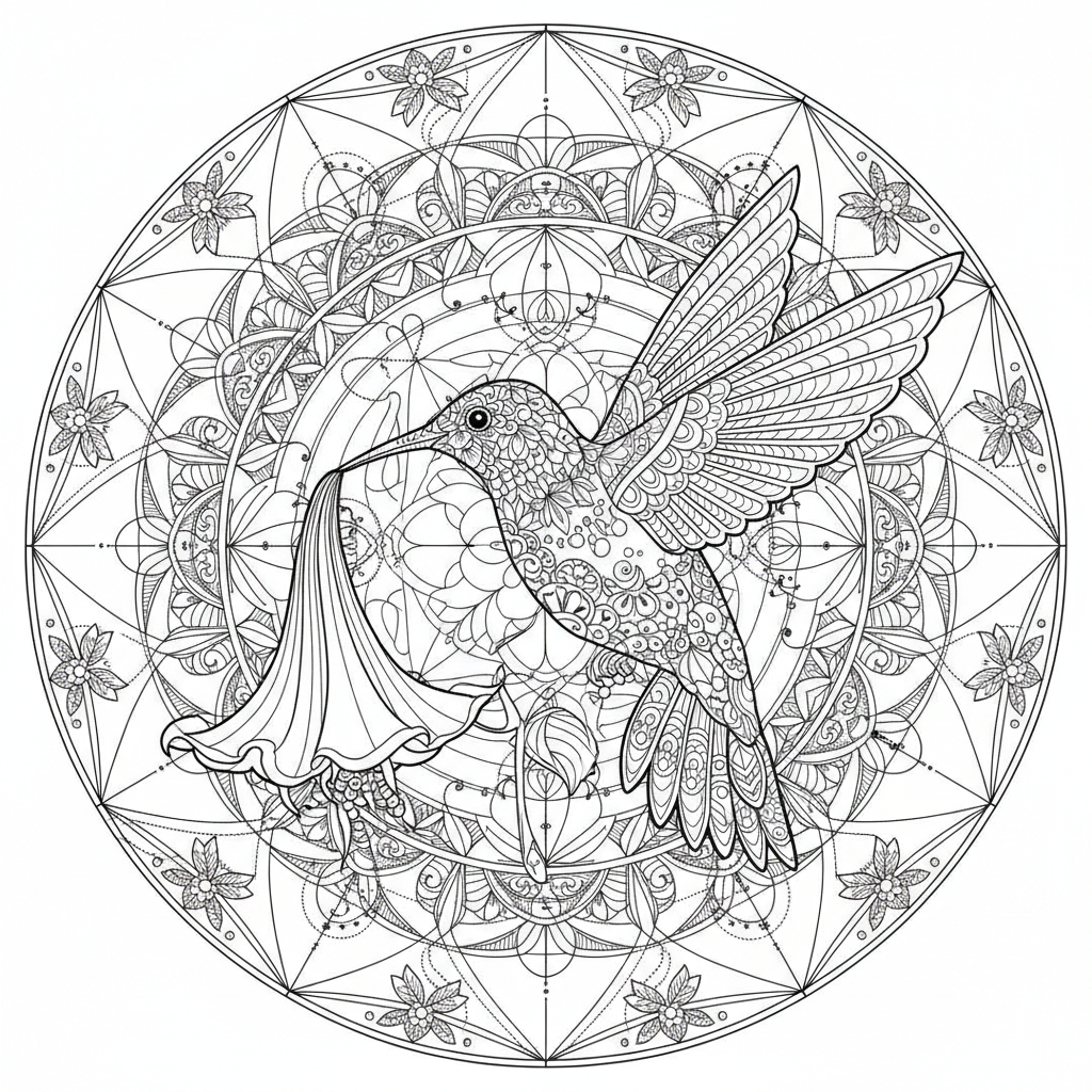 Mandala Hummingbird with Blossoms
