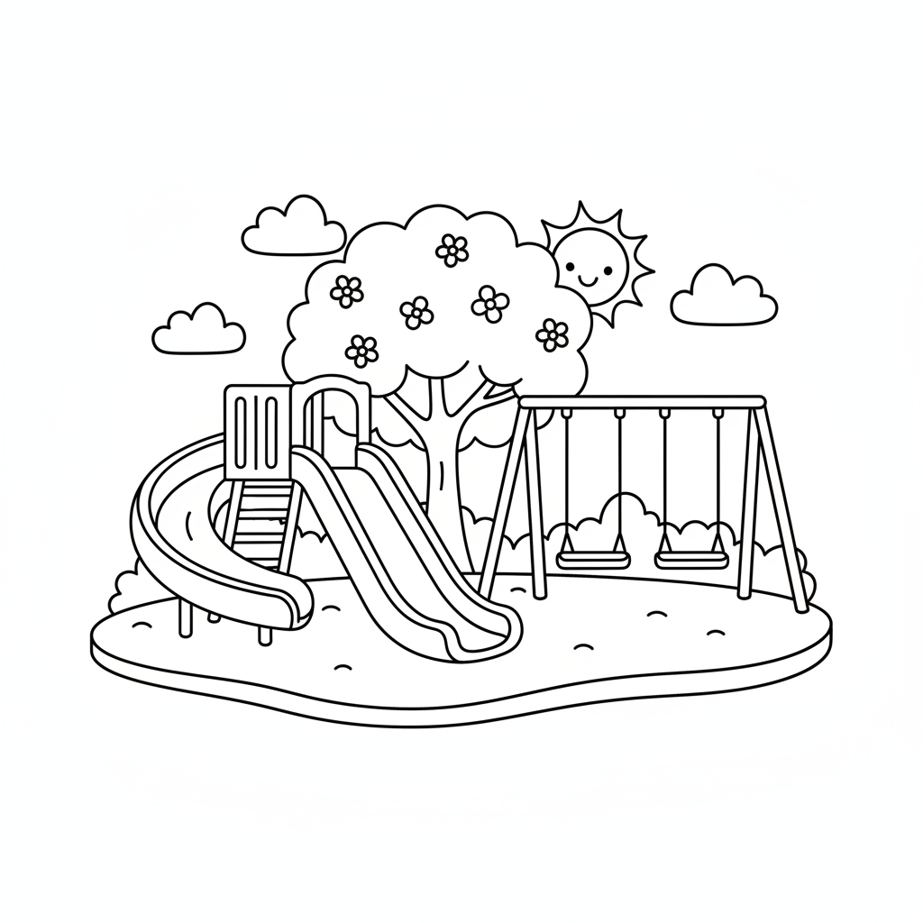 Sunny Playground Swings and Slide